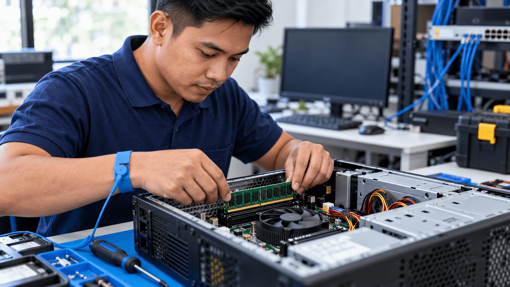 Illustrative course image: A computer technician installing desktop computer components