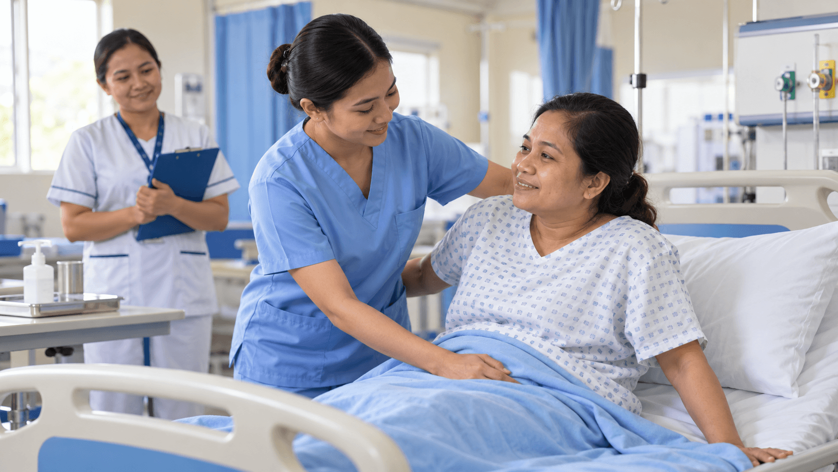 Illustrative course image: A healthcare trainee assisting a patient in a clinical training ward